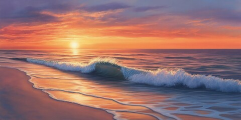 Serene sunset over calm ocean waves with vibrant orange and pink hues reflecting on tranquil water along sandy shore in peaceful coastal scene