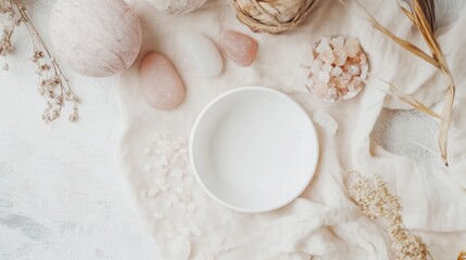 Naklejka premium Tranquil Wellness Flatlay Pastel Pink Stones Surrounding a White Dish on Cream Linen - Ideal for Spa Branding and Serene Lifestyle Promotions