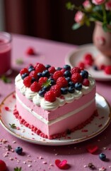 Heart-shaped pink cake decorated with raspberries and blueberries for valentine's day