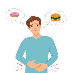 Man holding his stomach feels hungry while thinking about a donut and a hamburger. Flat vector illustration isolated on white background