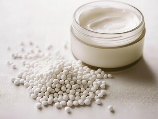 Small glass jar of skincare cream with white urea granules, minimal aesthetic