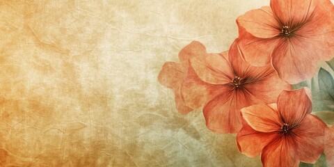 Delicate vintage paper texture background with soft orange flowers in the bottom right corner, perfect for elegant message conveyance.