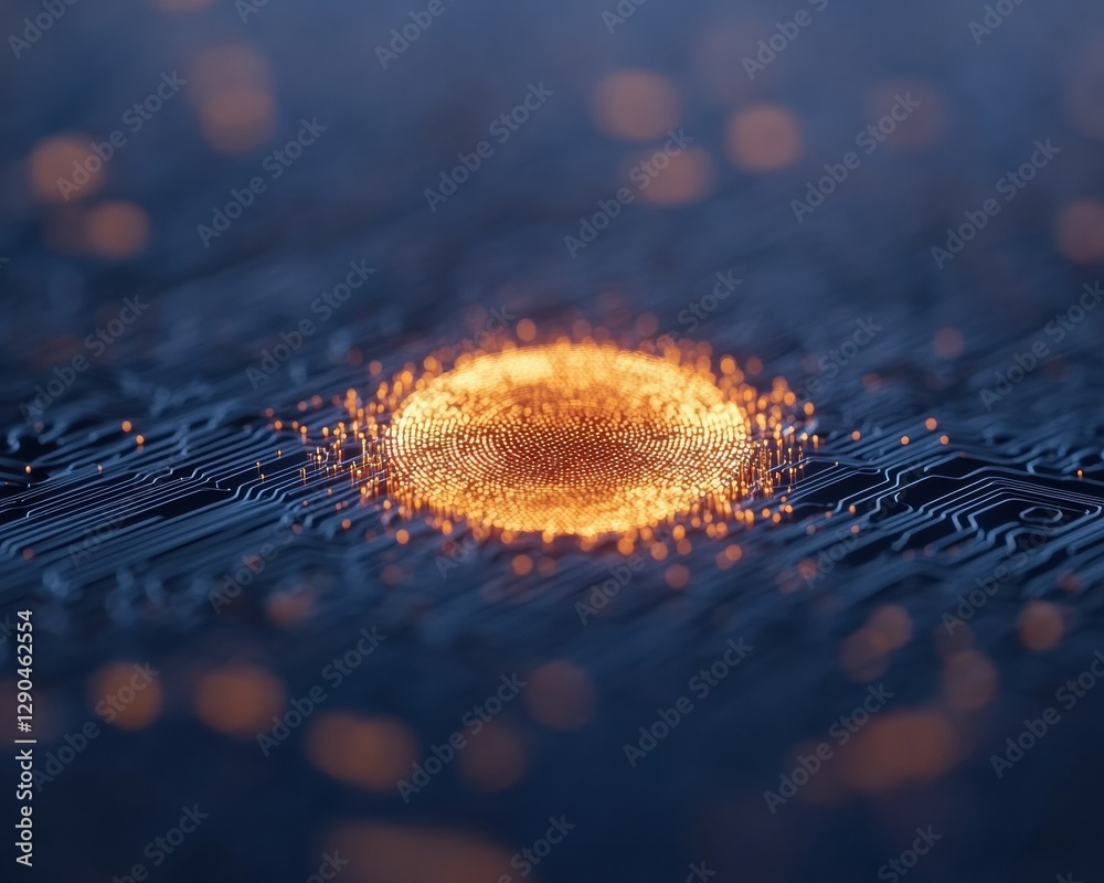 Aufkleber Futuristic Digital Fingerprint Interface Illuminated Mesh and Circuit Overlay on Dark Surface - Advanced Biometric Security for Tech-Driven Industries