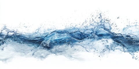 Vibrant blue water splashes dynamically against a clean white background, capturing the elegance of fluid motion and abstract artistry in high detail.