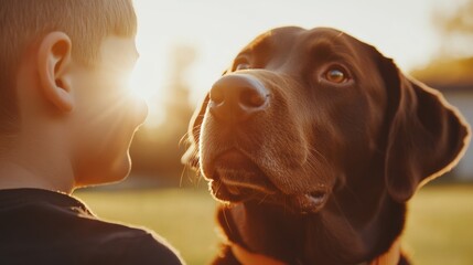 Warm Mindful Pet Care Labrador with ID Collar in Golden-Hour Backyard - Enhancing Family Bonding and Pet Safety for Responsible Ownership and Modern Lifestyle