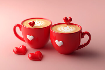 Two red cups of coffee with heart designs, surrounded by heart-shaped decorations.
