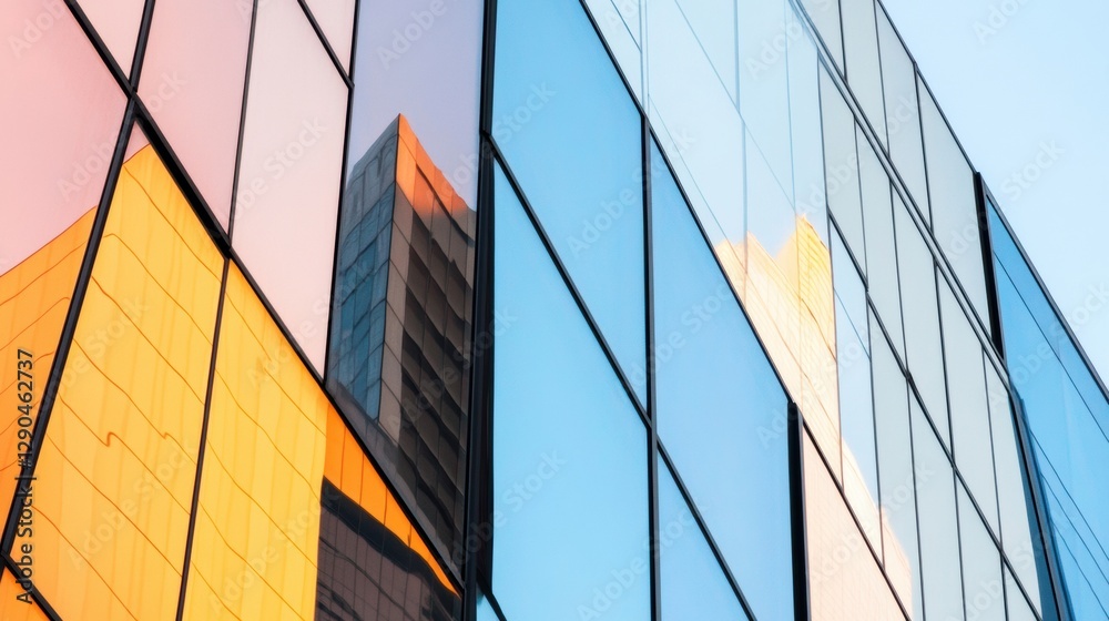 Poster contemporary glass facade design reflective skyscraper patterns for urban development and architectu