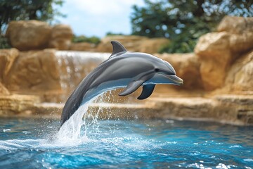 Obraz premium Joyful dolphin leaping gracefully in clear blue water near rocky waterfall