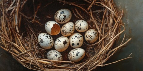 Obraz premium Quail eggs nestled in a rustic nest with straw, showcasing varying patterns and colors, featuring a broken egg at the center.