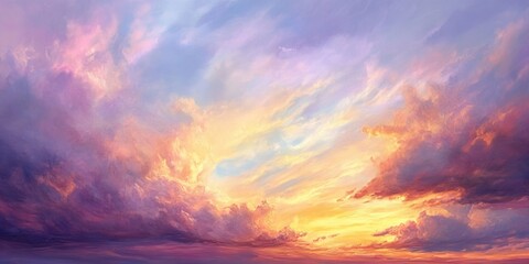 Vibrant sunset sky with hues of pink, purple, and orange clouds blending seamlessly against a soft blue backdrop creating a serene atmosphere.