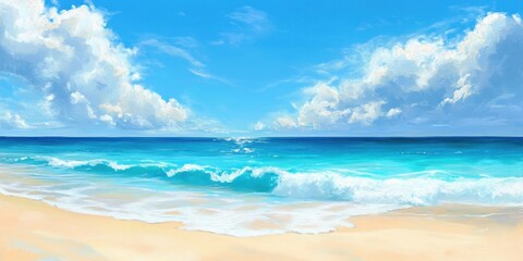Tropical beach landscape with soft beige sand, gentle turquoise waves, and vibrant blue ocean under a bright sky with fluffy white clouds.