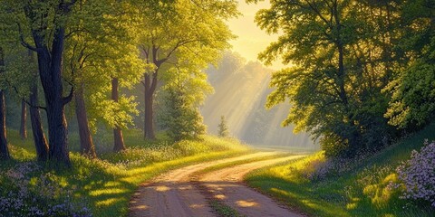 Naklejka premium Sunlit dirt road winding through lush green trees with golden light filtering in, creating a tranquil spring atmosphere amidst vibrant foliage