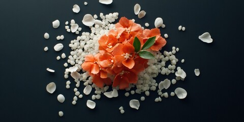 Contemporary Floral Gastronomy Design Artistic Flower and Rice Arrangement on Black Slate - Visual Content for Culinary Branding and Cultural Cuisine Promotion