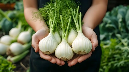Fototapeta premium Freshly Harvested Fennel Bulbs Held in Hands Organic Vegetable Produce Healthy Food