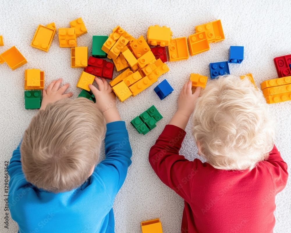 Poster scandinavian playtime creativity kids engaged with colorful building blocks on cozy carpet child dev