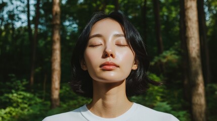 Naklejka premium Zen Forest Retreat Korean Woman Meditating Among Tall Trees with Soft Light and Greenery - Wellness Branding and Mindfulness Content for Eco-Friendly Health Retreats