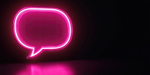 Illuminated pink neon speech bubble on a dark background casting a soft glow, positioned slightly to the right, creating a modern conversational vibe.