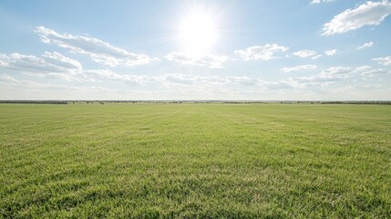 Naklejka premium Sunny day, vast green field, blue sky, distant horizon, nature landscape, perfect for travel brochures