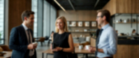 Blurred background showcasing an impromptu coffee meeting that fosters teamwork and relationship building