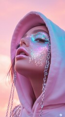 Close-up of a woman in a pink hoodie adorned with shimmering glitter makeup and chain accessories against a pastel sky.