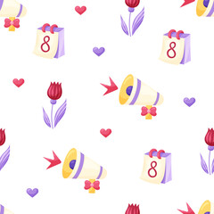 Seamless pattern with calendar and megaphone on white background. March 8 Women's Day. Vector illustration.