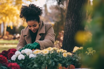 A young woman tending to vibrant flowers in a garden during autumn, wearing gloves and a warm coat, surrounded by nature.