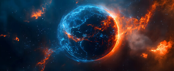Obraz premium Global With Fire, Earth Falling Galaxy, Universal Space Background, Copy Space , Earth , fire with earth , Burning earth on fire caused of Global Warming effect , background.