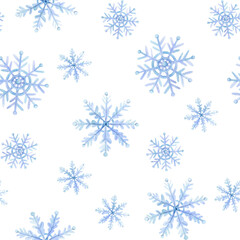 Hand drawn cute snowflakes watercolor seamless pattern on white. Simple light blue background for winter snowfall fabric designs and boys clothes
