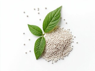 White granular fertilizer with green leaves, organic theme