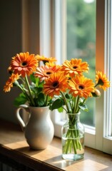Fototapeta premium Orange gerbera flowers illuminating windowsill with natural light