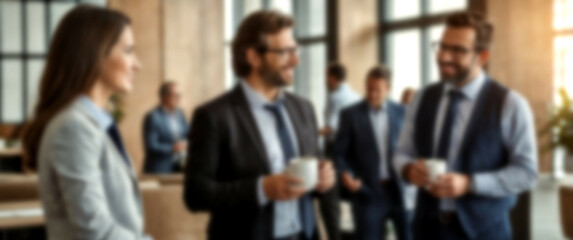 Blurred background capturing the ease of casual networking among business associates with coffee cups