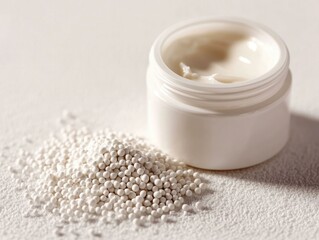 Open jar of moisturizing cream with white urea granules on a smooth surface, soft neutral background, skincare concept
