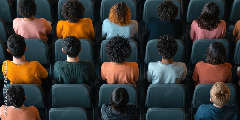 Aufkleber Vibrant Academic Engagement Diverse Students in Modern Lecture Hall with Textured Notebooks and Backpacks - Inspiring Inclusive Education Design and Digital Learning Strategies