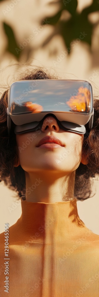 Poster augmented reality journey young woman in sleek orange garment with futuristic smart headset - digita