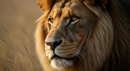 Fototapeta premium CloseUp of a Majestic Male Lion in Its Natural Habitat