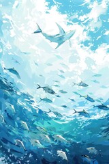 Obraz premium Celebrating world tuna day underwater scene with vibrant marine life. Vertical banner. Copy space