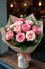 Obraz premium Bouquet of pink roses wrapped in brown paper rests on a wooden surface