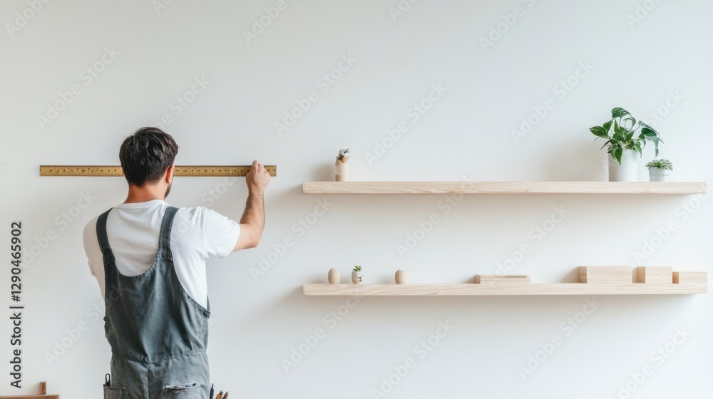 Aufkleber minimalist home office renovation korean man installing floating wooden shelves for precision crafts
