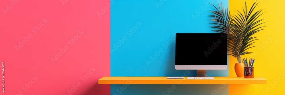 Poster vibrant creative workspace color-blocked desk with dual monitors and art supplies - innovative desig
