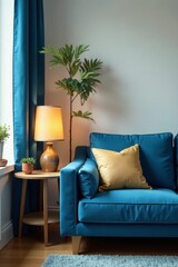 Fototapeta premium Blue couch, side table lamp, cozy living room, lamp, house, ambiance