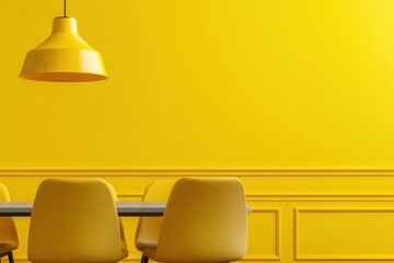 Color Drenching Dining Modern Mustard Yellow Interior with Matte Walls and Pendant Lamp - Bold Design for Home Makeovers and Restaurant Branding