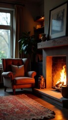 Fototapeta premium Cozy living room fireplace armchair, warm light, gas fireplace, winter