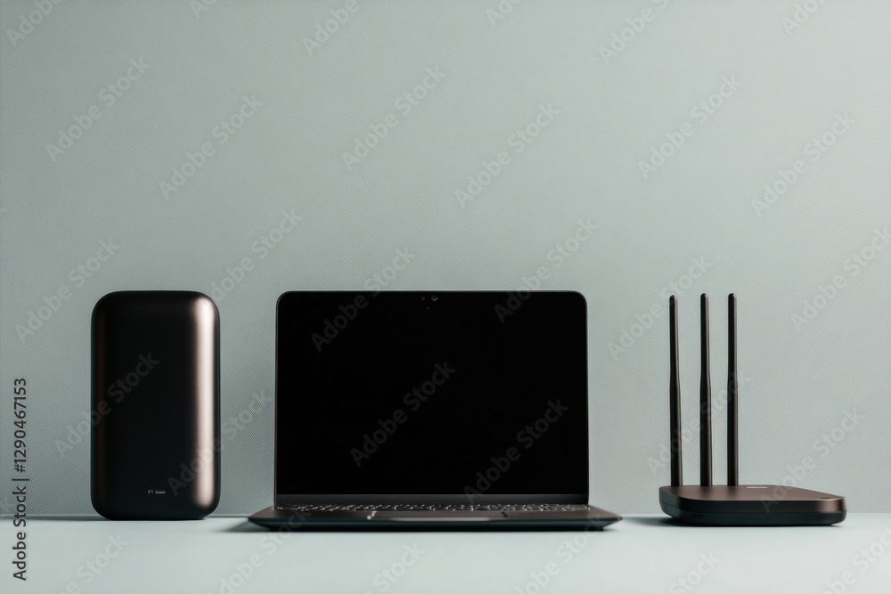 Fototapete Minimalist Tech Display Black and Silver Gadget Array on Matte Navy - Elevate Modern Office Aesthetics and Streamline Tech Integration in Innovative Business Spaces