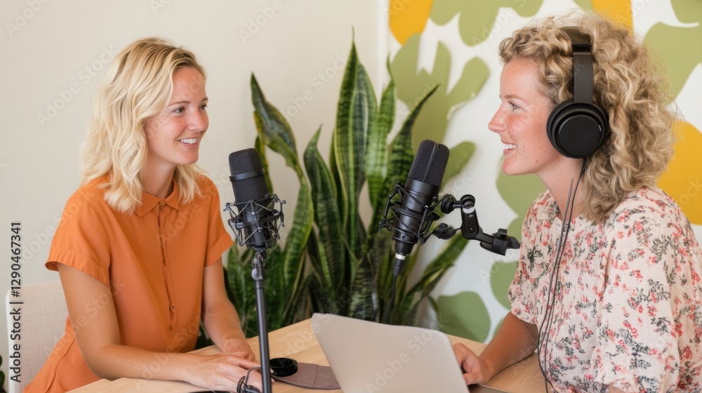 Poster modern podcast production two female hosts engaged in conversation with professional microphones and