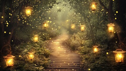 Naklejka premium Enchanting wooden path through mystical forest with lanterns