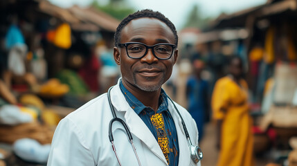 Fototapeta premium African doctor in a busy marketplace shares health tips during a community outreach program in a vibrant urban setting. 