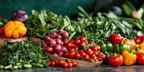 Rustic Farm-to-Table Produce Display Vibrant Peppers, Lush Greens and Radishes in Wooden Bowls - Fresh Market Visuals and Organic Culinary Branding