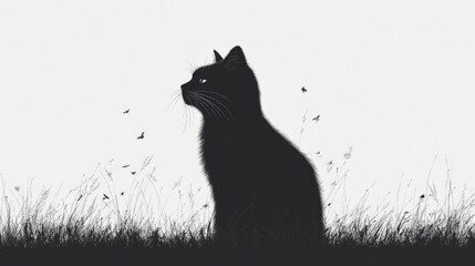 Black Cat in Grassy Field