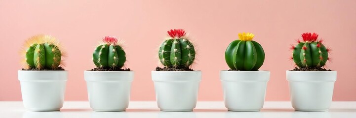 Fototapeta premium Miniature cacti in white pots, bright background, aesthetic, simple, mini