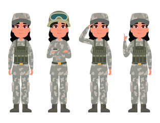 Military woman in various poses. Woman soldier cartoon character. Female soldier character for design infographics and announcements